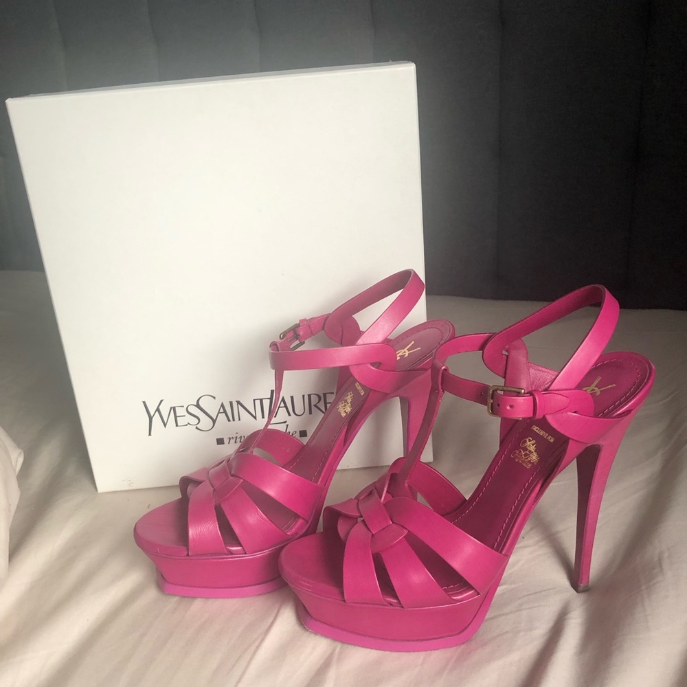 YSL Tribute 105 sandals in Saks Exclusive Fuxia!